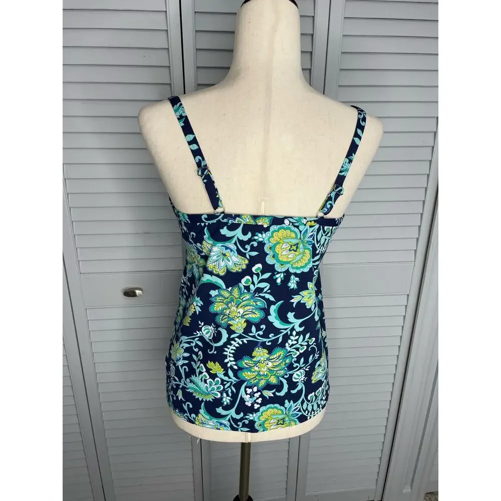 Lands' End blue white green floral tankini swimsuit top women's size 8